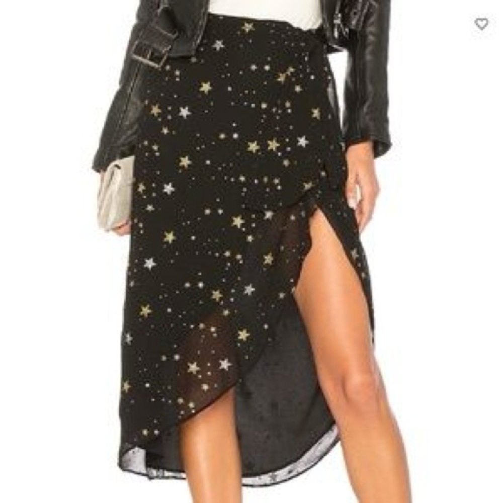 Lovers + Friends Star Print Bailey Skirt Black & Gold High Slit, Asymmetrical
